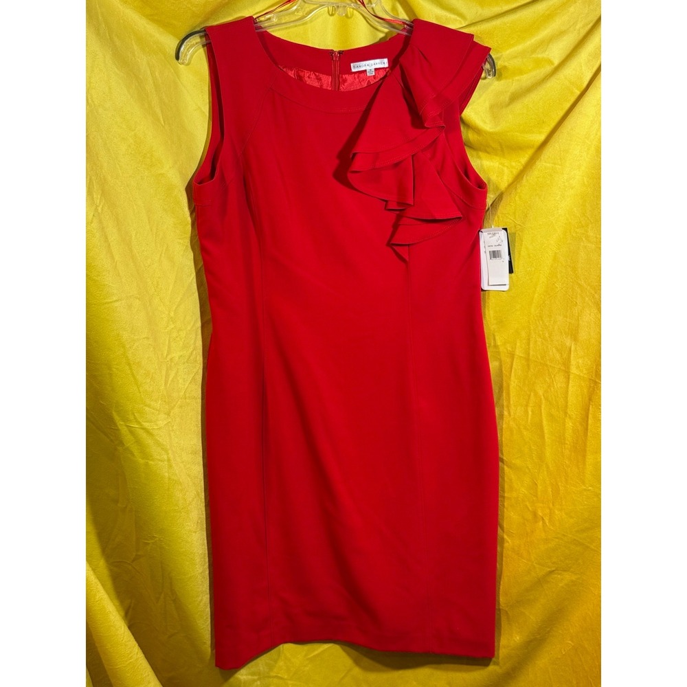 Sandra Darren Womens Red Ruffle Sleeveless Sheath Dress Size 16 NWT